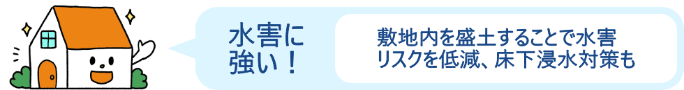 水害に強い：敷地内を盛土することで水害リスクを低減、床下浸水対策も